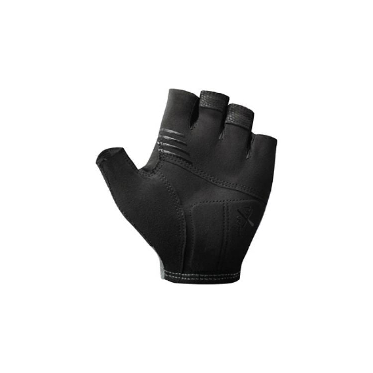 Black fingerless cycling glove shown from the palm side, featuring padded palm panels, reinforced stitching, textured finger grips, and a short cuff, displayed against a light gray background.