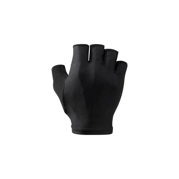 Black fingerless cycling glove with a sleek, streamlined construction and short finger openings, shown front-facing on a light gray background.