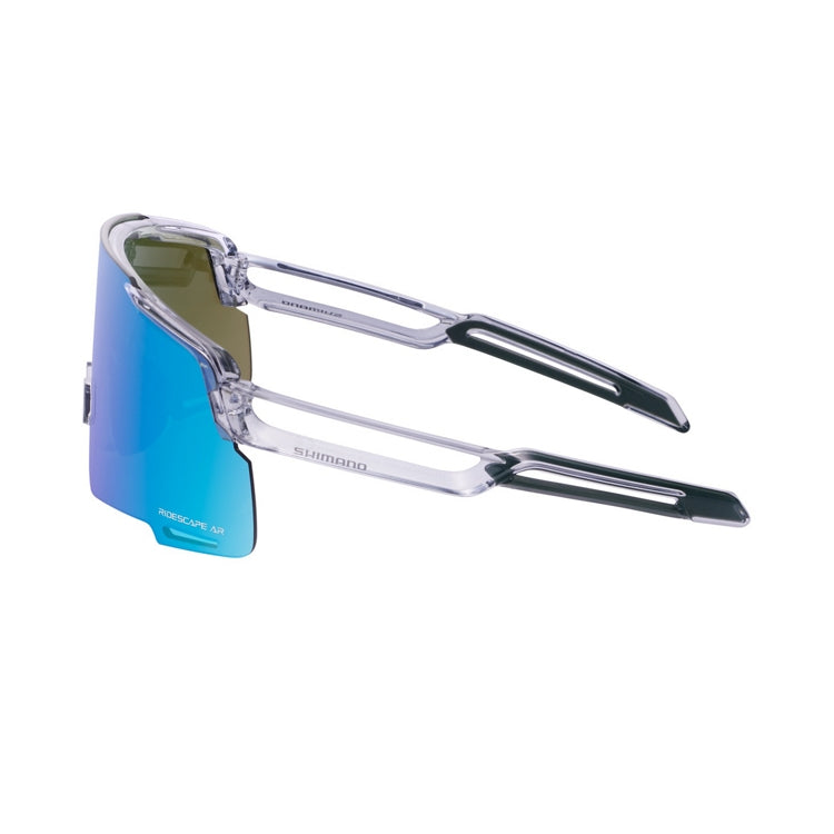 Shimano eyewear with blue lenses and mineral grey frame, 'Ridescape AR' wording, left view