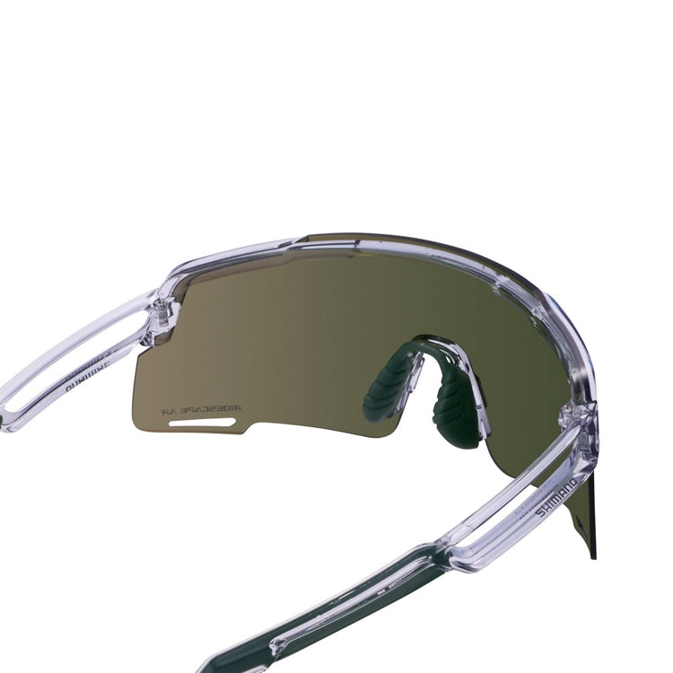 Shimano eyewear with lenses and mineral grey frame, 'Ridescape AR' and 'Shimano' wording, back view