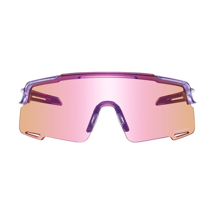 Shimano eyewear with pink lenses and transparent lilac frame, 'Ridescape TR' wording, front view