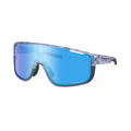 Shimano Pulsar eyewear with blue reflective lenses and mineral gray frame with ridescape ar wording, left view