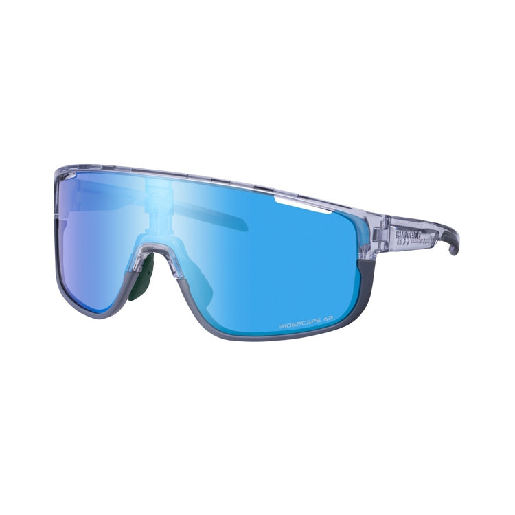 Shimano Pulsar eyewear with blue reflective lenses and mineral gray frame with ridescape ar wording, left view