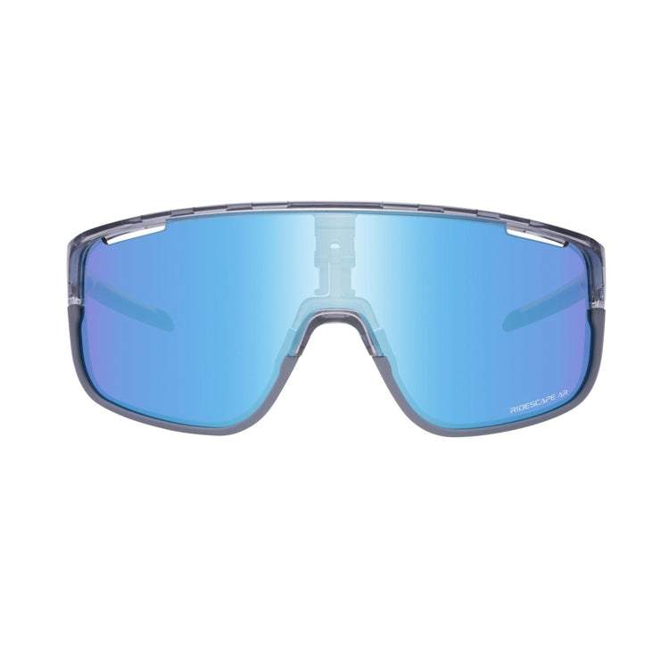 Shimano Pulsar eyewear with blue reflective lenses and mineral gray frame with ridescape ar wording, front view