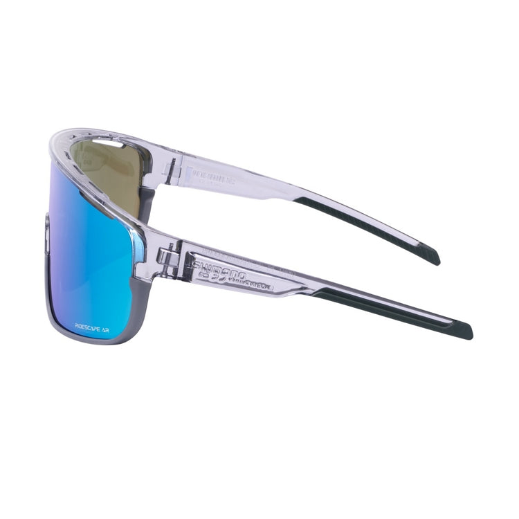Shimano Pulsar eyewear with blue reflective lenses and mineral gray frame with ridescape ar and Shimano wording, left view