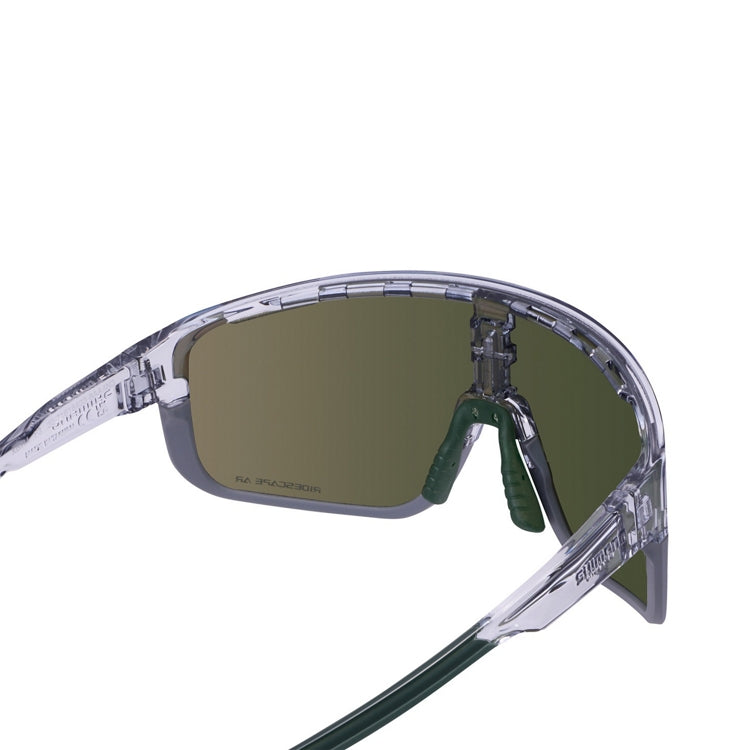 Shimano Pulsar eyewear with blue reflective lenses and mineral gray frame with ridescape ar and Shimano wording, back view