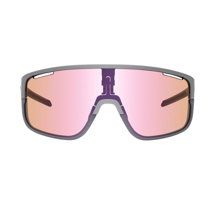 Shimano Pulsar eyewear with pink reflective lenses and frost gray frame with ridescape tr wording, front view