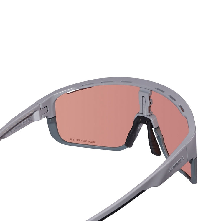 Shimano Pulsar eyewear with pink reflective lenses and frost gray frame with ridescape tr and Shimano wording, back view