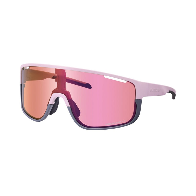 Shimano Pulsar eyewear with pink reflective lenses and lilac frame with ridescape tr wording, left view