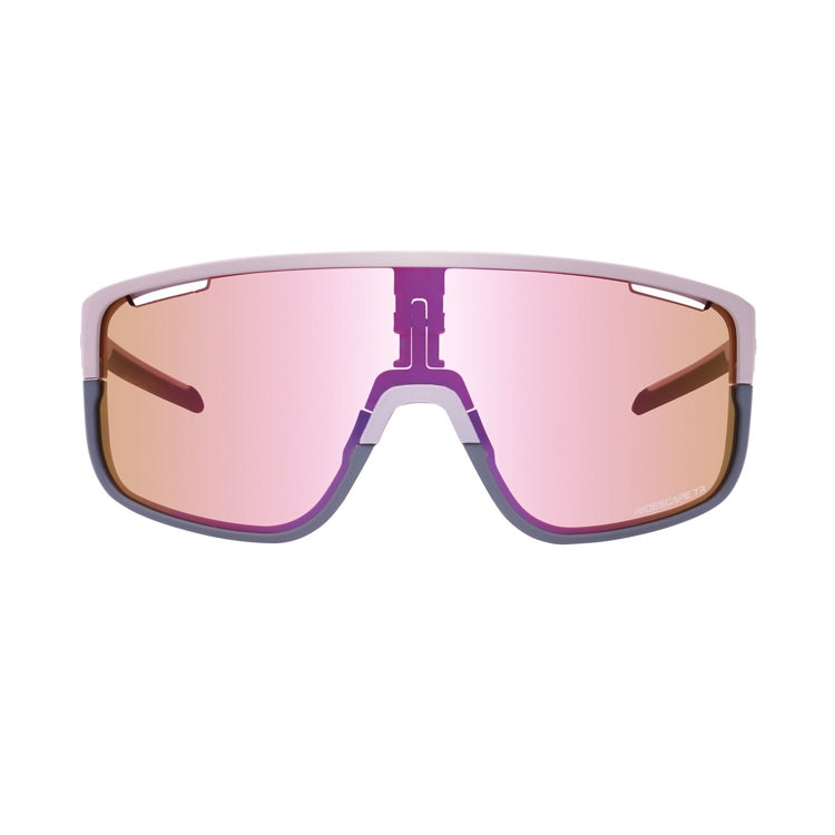 Shimano Pulsar eyewear with pink reflective lenses and lilac frame with ridescape tr wording, front view