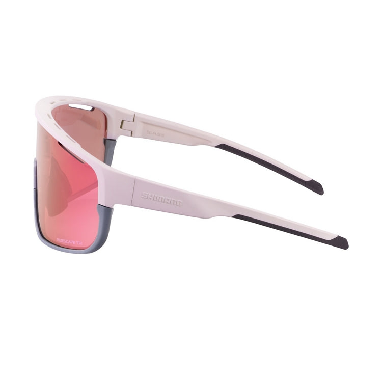 Shimano Pulsar eyewear with pink reflective lenses and lilac frame with ridescape tr and Shimano wording, left view
