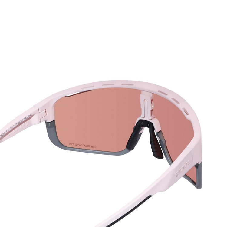 Shimano Pulsar eyewear with pink reflective lenses and lilac frame with ridescape tr and Shimano wording, back view