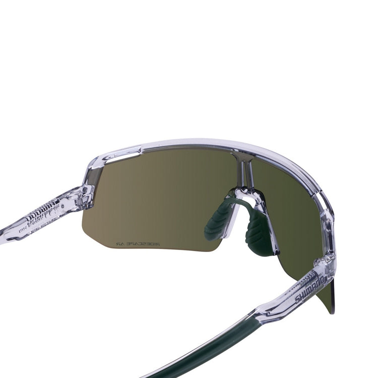 Shimano Technium L eyewear with reflective lenses and mineral gray frame with ridescape ar and Shimano wording, back view