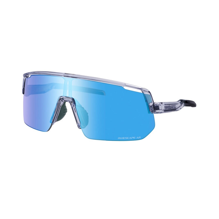 Shimano Technium L eyewear with blue reflective lenses and mineral gray frame with ridescape ar wording, left view
