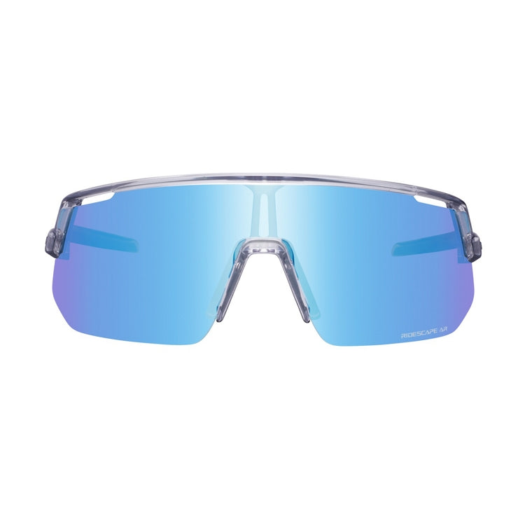 Shimano Technium L eyewear with blue reflective lenses and mineral gray frame with ridescape ar wording, front view