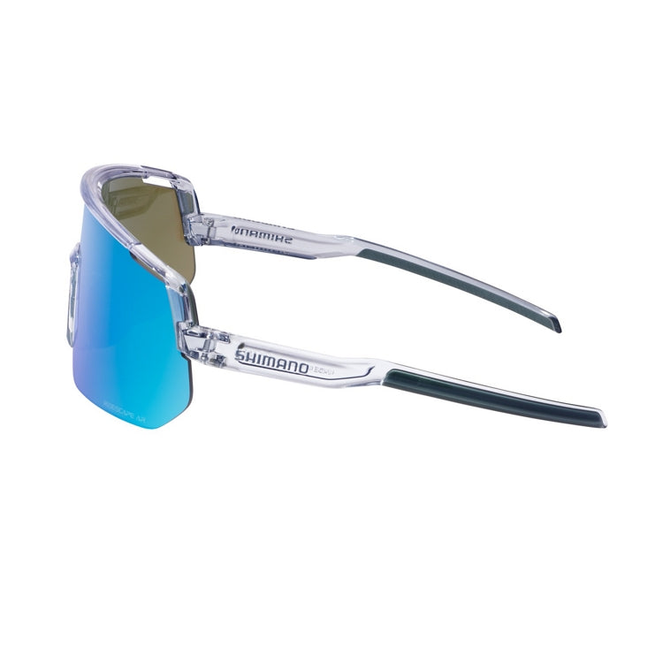 Shimano Technium L eyewear with blue reflective lenses and mineral gray frame with ridescape ar and Shimano wording, left view