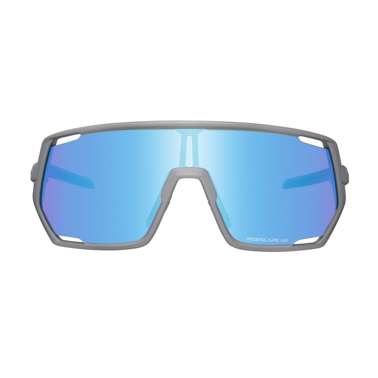 Shimano Technium eyewear with blue reflective lenses and bronze gold frame with ridescape ar wording, front view