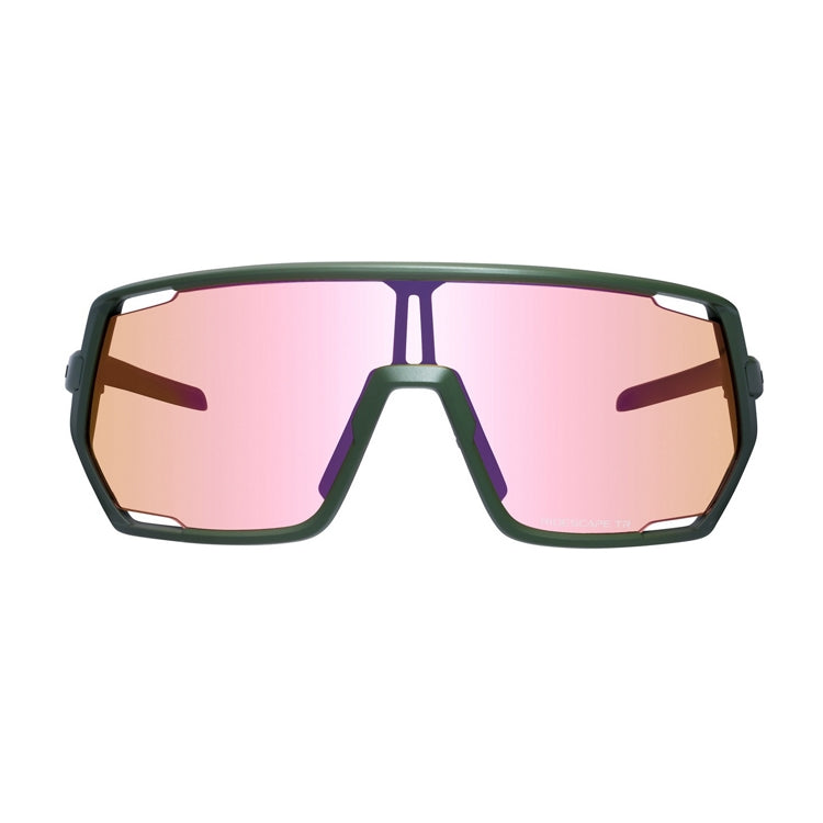 Shimano Technium eyewear with pink reflective lenses and dark olive frame with ridescape tr wording, front view