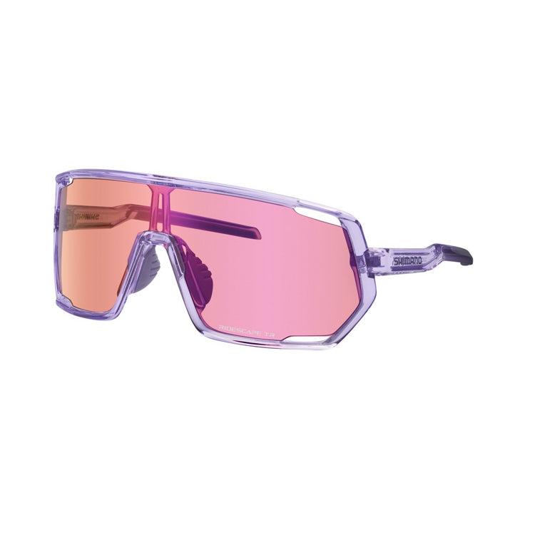 Shimano Technium L eyewear with pink reflective lenses and transparent lilac frame with ridescape tr wording, left view