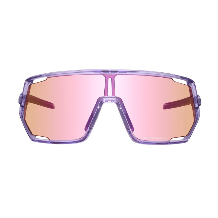 Shimano Technium L eyewear with pink reflective lenses and transparent lilac frame with ridescape tr wording, front view