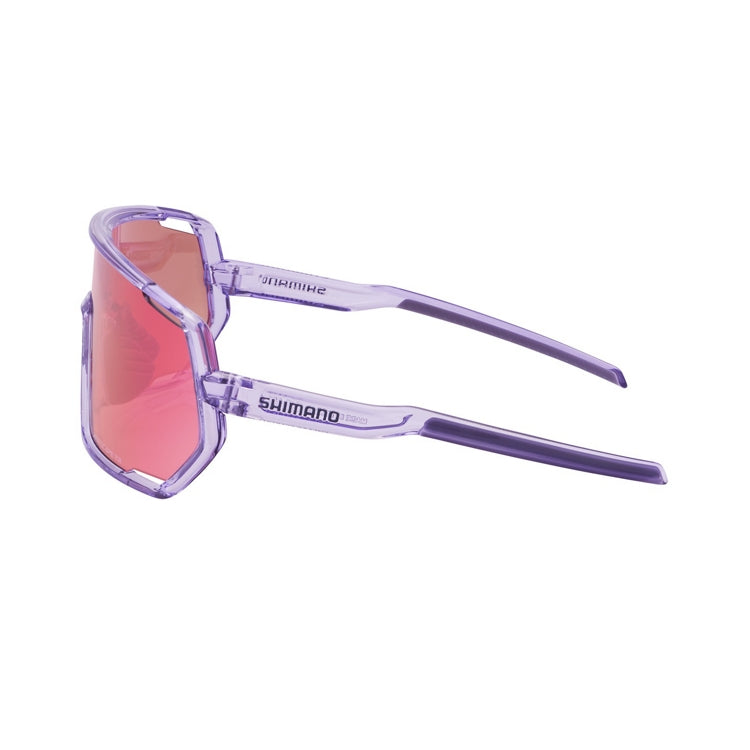 Shimano Technium L eyewear with pink reflective lenses and transparent lilac frame with ridescape tr wording, left view
