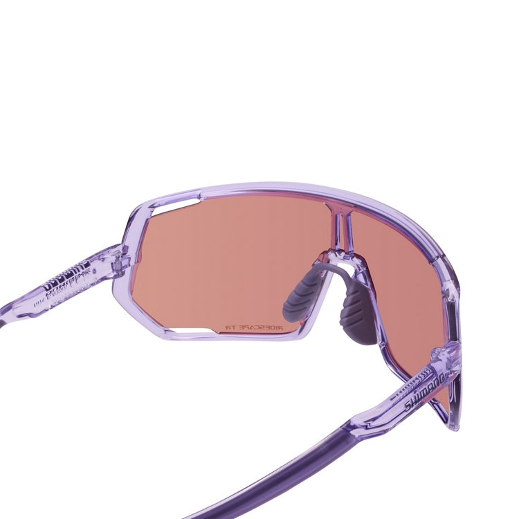 Shimano Technium L eyewear with pink reflective lenses and transparent lilac frame with ridescape tr wording, back view