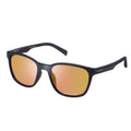 Black Shimano sport sunglasses with a matte black full-rim frame and mirrored bronze-gold lenses, shown from front and side angles on a light gray background. The rectangular lens shape features slightly rounded corners, with Shimano branding on the temple and textured temple tips for grip. The reflective lenses have a subtle pink-purple tint around the edges.