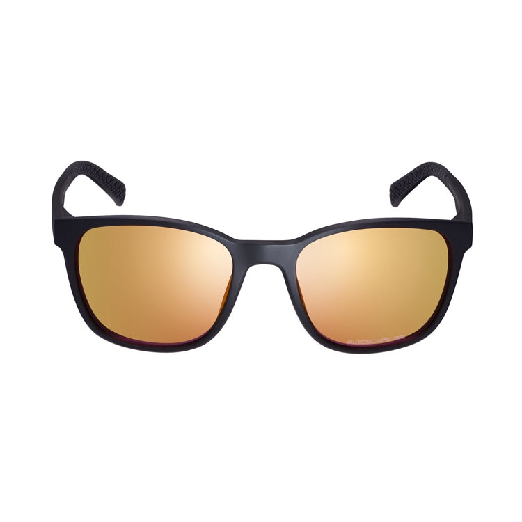 Black Shimano sport sunglasses with a matte black full-rim frame and mirrored bronze-gold lenses, shown from front and side angles on a light gray background. The rectangular lens shape features slightly rounded corners, with Shimano branding on the temple and textured temple tips for grip. The reflective lenses have a subtle pink-purple tint around the edges.
