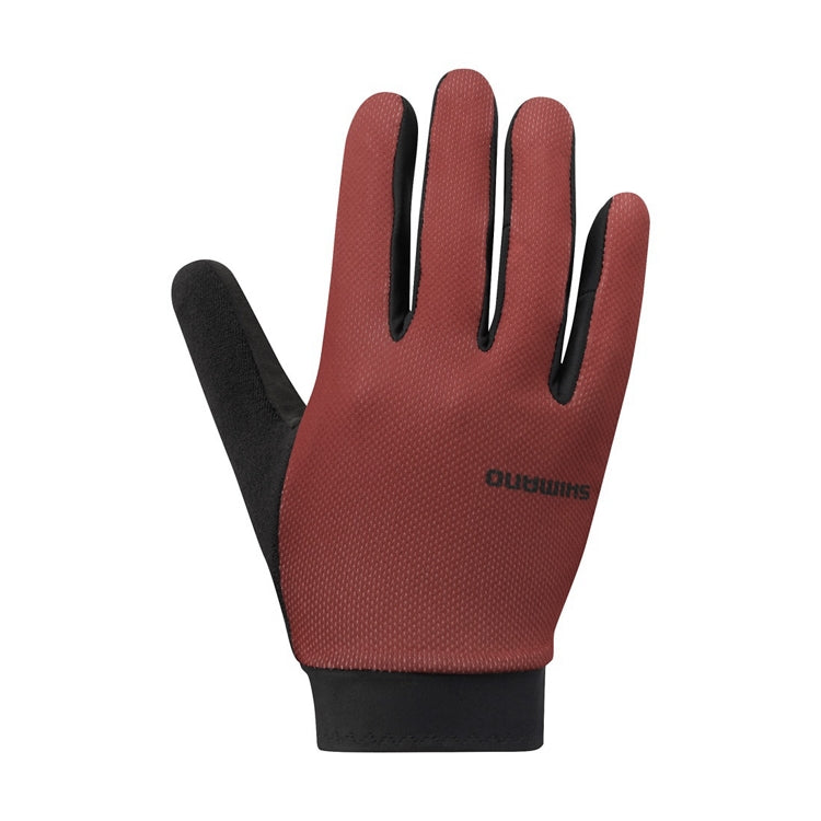 Red and black full-finger glove with 'Shimano' branding, front view