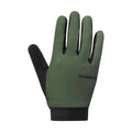 Khaki and black full-finger glove with 'Shimano' branding, front view
