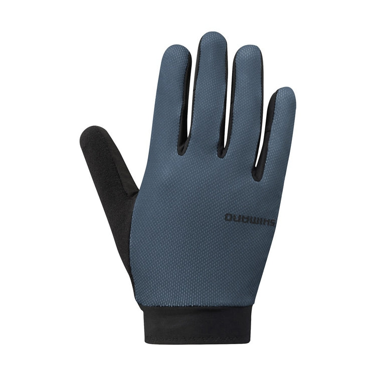 Blue grey and black full-finger glove with 'Shimano' branding, front view