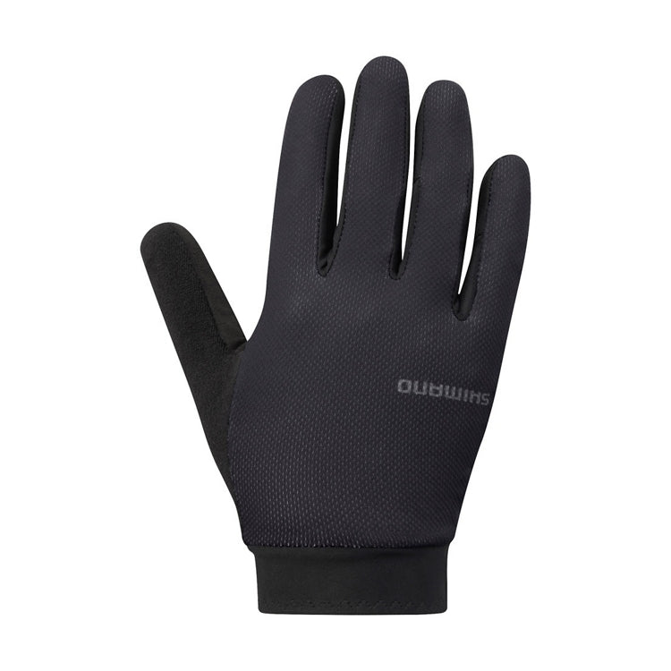 Black full-finger glove with 'Shimano' branding, front view