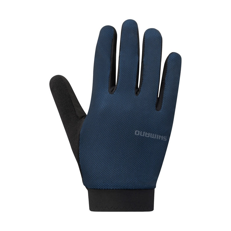 Navy and black full-finger glove with 'Shimano' branding, front view