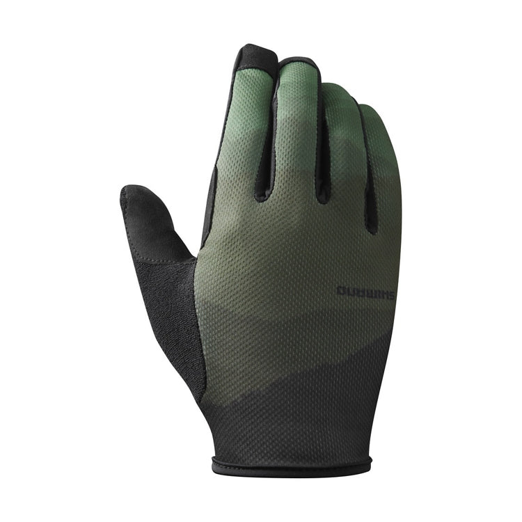 Green and black glove with 'Shimano' branding, front view