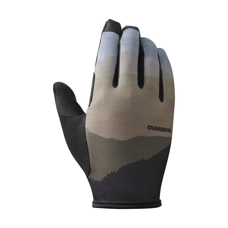 Light brown, green, black gradient glove with 'Shimano' branding, front view