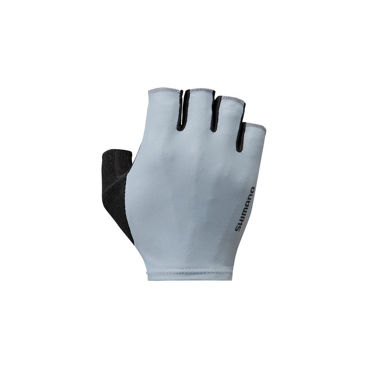 Jade gray fingerless cycling glove with a smooth stretch fabric back, black side panel and trim, and vertical Shimano logo on the outer edge, shown front-facing on a light gray background.