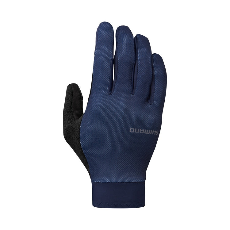 Navy glove with black palm, Shimano logo, front view