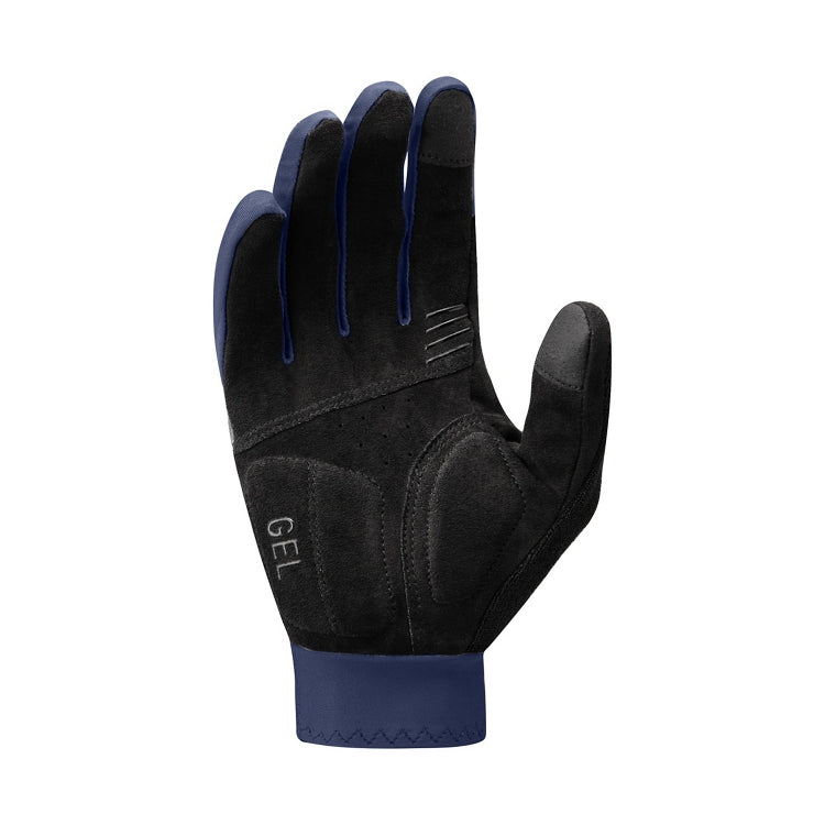 Navy glove with black palm, gel padding, back view