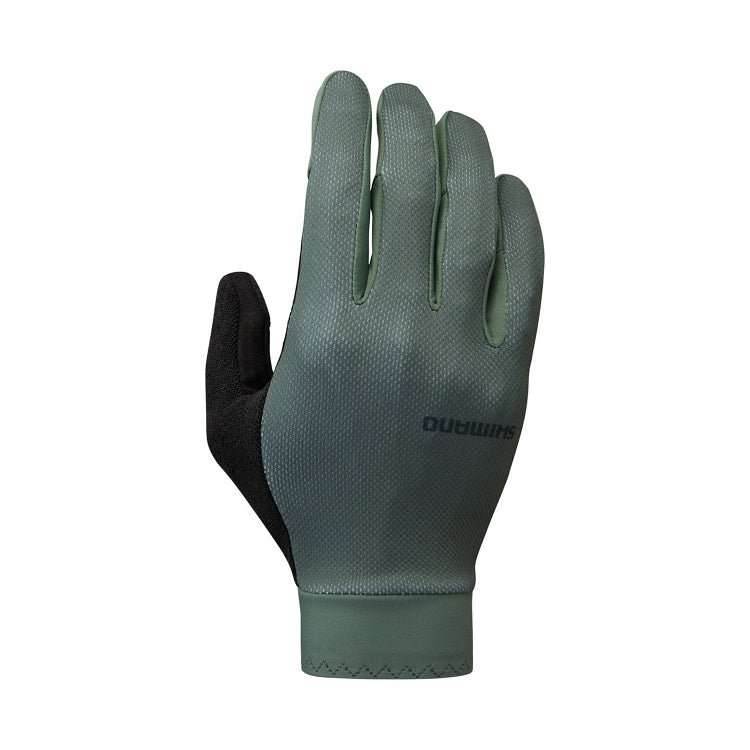 Olive glove with black palm, Shimano logo, front view