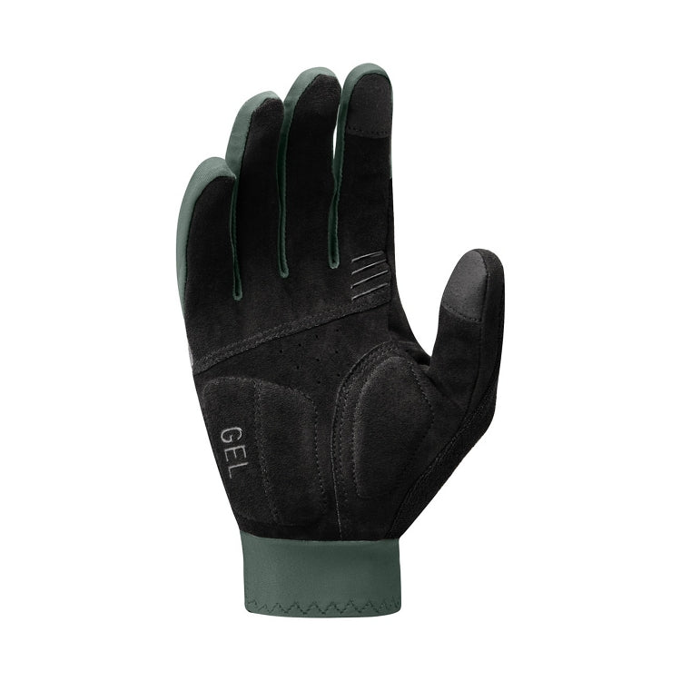 Olive glove with black palm, gel padding, back view