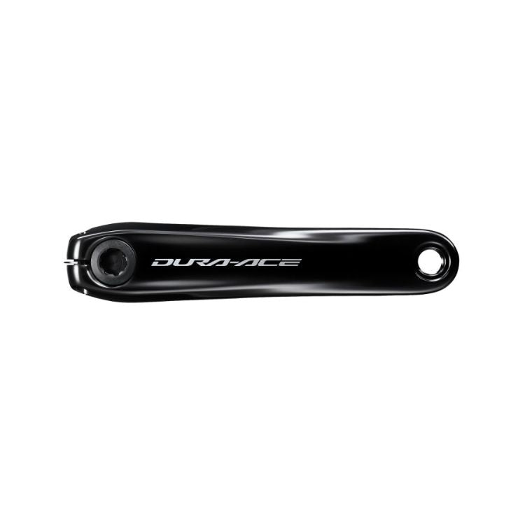 Shimano Dura-Ace FC-R9200 black road bicycle crank arm with a glossy finish, integrated spindle interface, and Dura-Ace logo branding, shown against a light gray background.