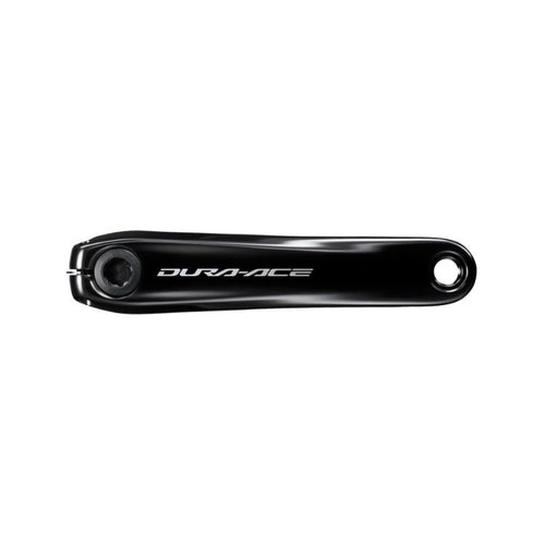 Shimano Dura-Ace FC-R9200 black road bicycle crank arm with a glossy finish, integrated spindle interface, and Dura-Ace logo branding, shown against a light gray background.