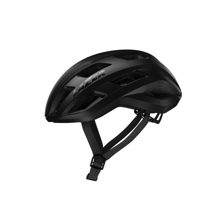 Lazer Strada helmet with black strap, full matte black, left side view, size large