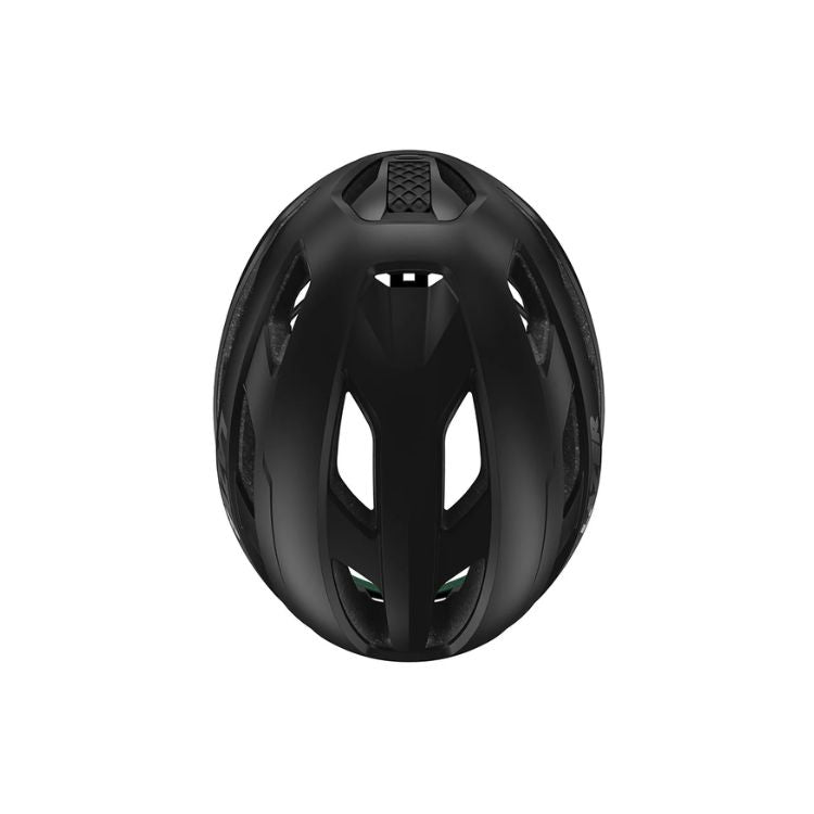 Lazer Strada helmet with black strap, full matte black, top side view, size large