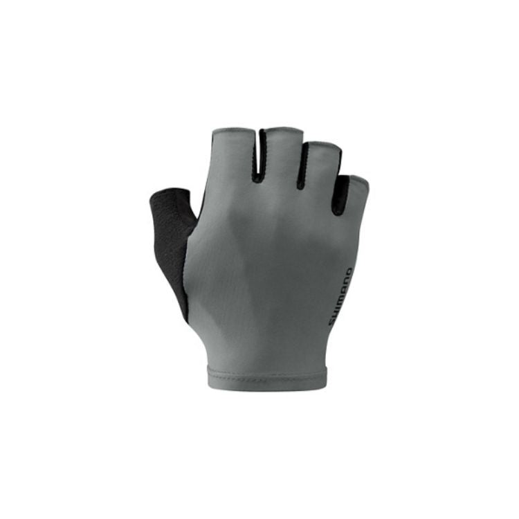 Gray fingerless cycling glove featuring a minimalist design with black side panel accents and a vertical Shimano logo, displayed front-facing against a light gray background.