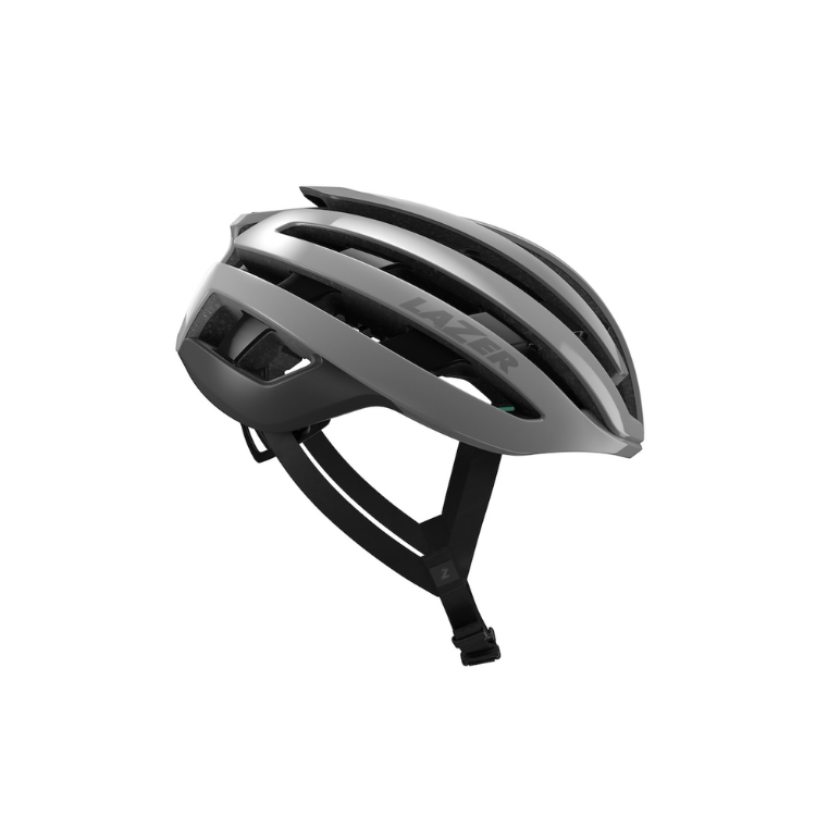 Lazer Z1 harbour gray helmet with black strap and Lazer logo, right view