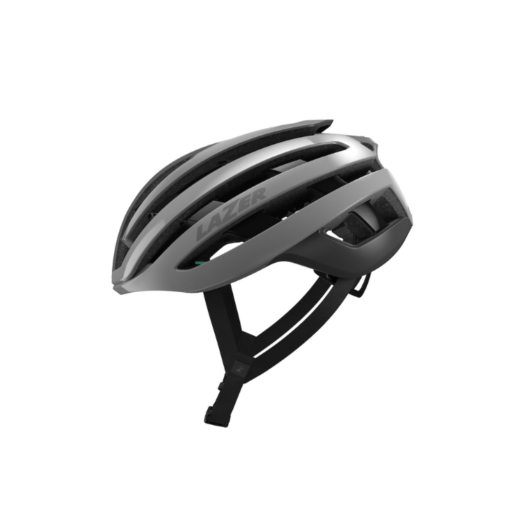 Lazer Z1 harbour gray helmet with black strap and Lazer logo, left view