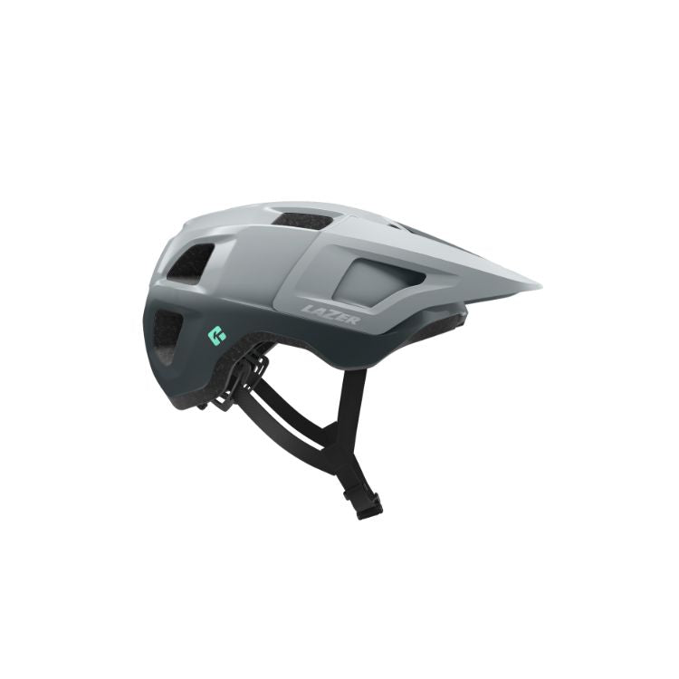 Lazer Lupo ice grey helmet with black strap with Lazer logo, right view