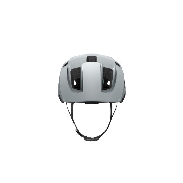 Lazer Lupo ice grey helmet with black strap with Lazer logo, front view