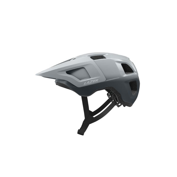 Lazer Lupo ice grey helmet with black strap with Lazer logo, left view